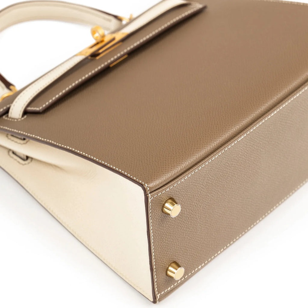 Hermès Special Order HSS Horseshoe Kelly 25 Sellier Etoupe/Craie Epsom Brushed Gold Hardware