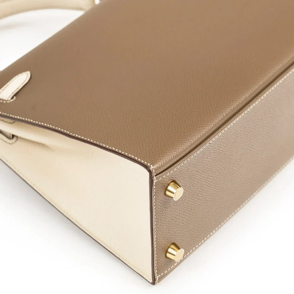 Hermès Special Order HSS Horseshoe Kelly 25 Sellier Etoupe/Craie Epsom Brushed Gold Hardware