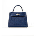 Hermès Special Order HSS Horseshoe Kelly 25 Sellier Ostrich Blue Iris/Gris Brushed Palladium Hardware