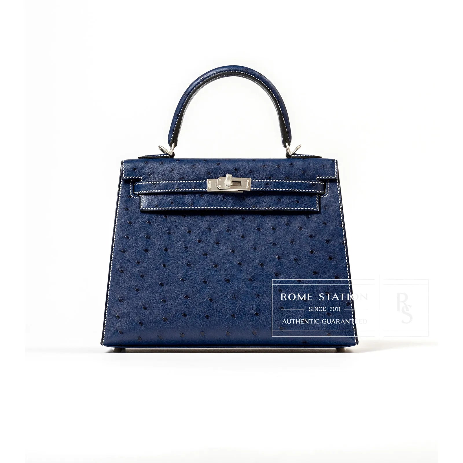 Hermès Special Order HSS Horseshoe Kelly 25 Sellier Ostrich Blue Iris/Gris Brushed Palladium Hardware