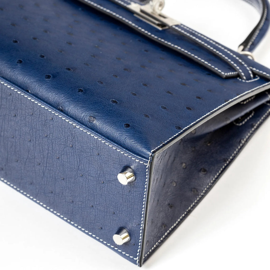 Hermès Special Order HSS Horseshoe Kelly 25 Sellier Ostrich Blue Iris/Gris Brushed Palladium Hardware
