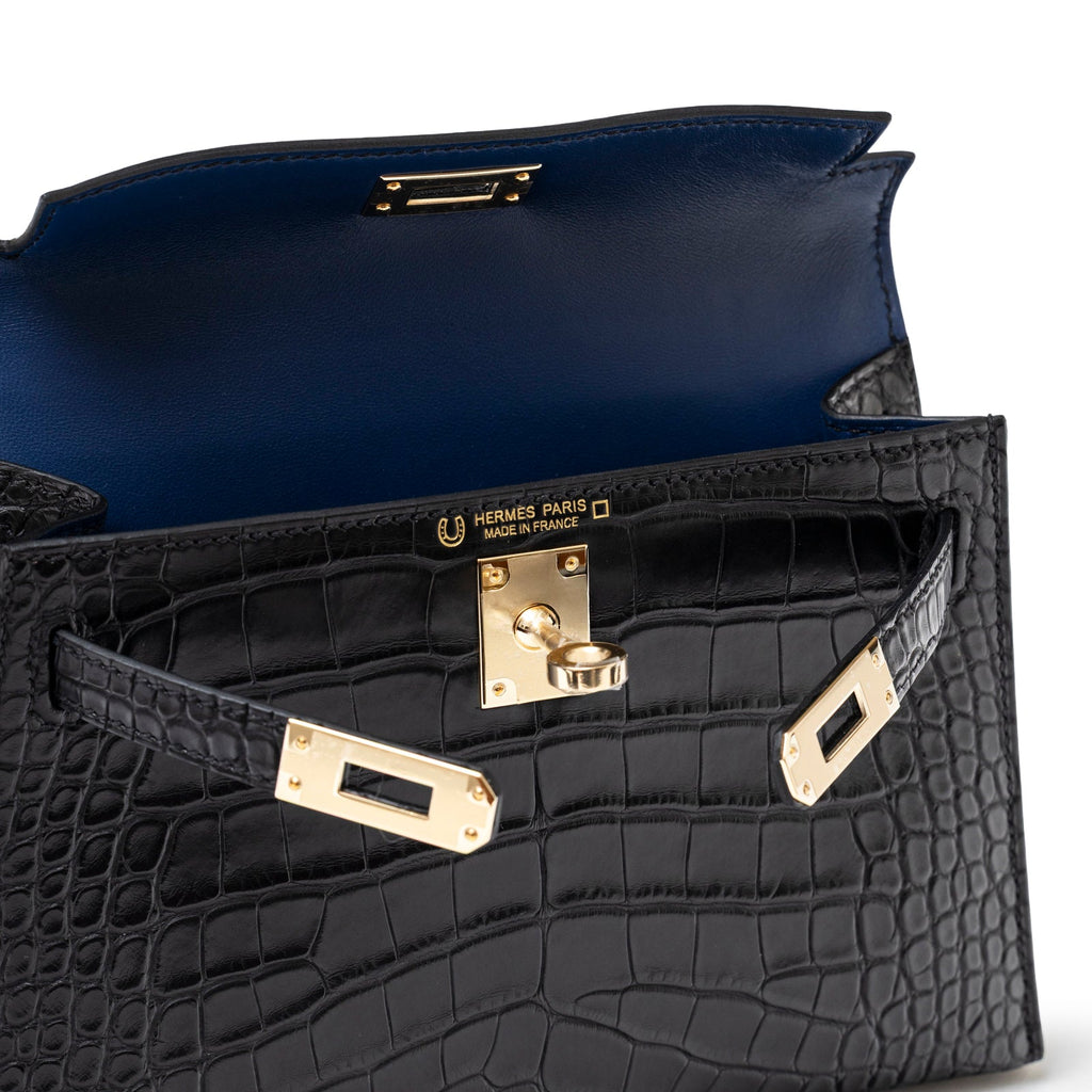 Hermès Special Order HSS Horseshoe Mini Kelly II Black Blue Matte Alligator Permabrass Hardware