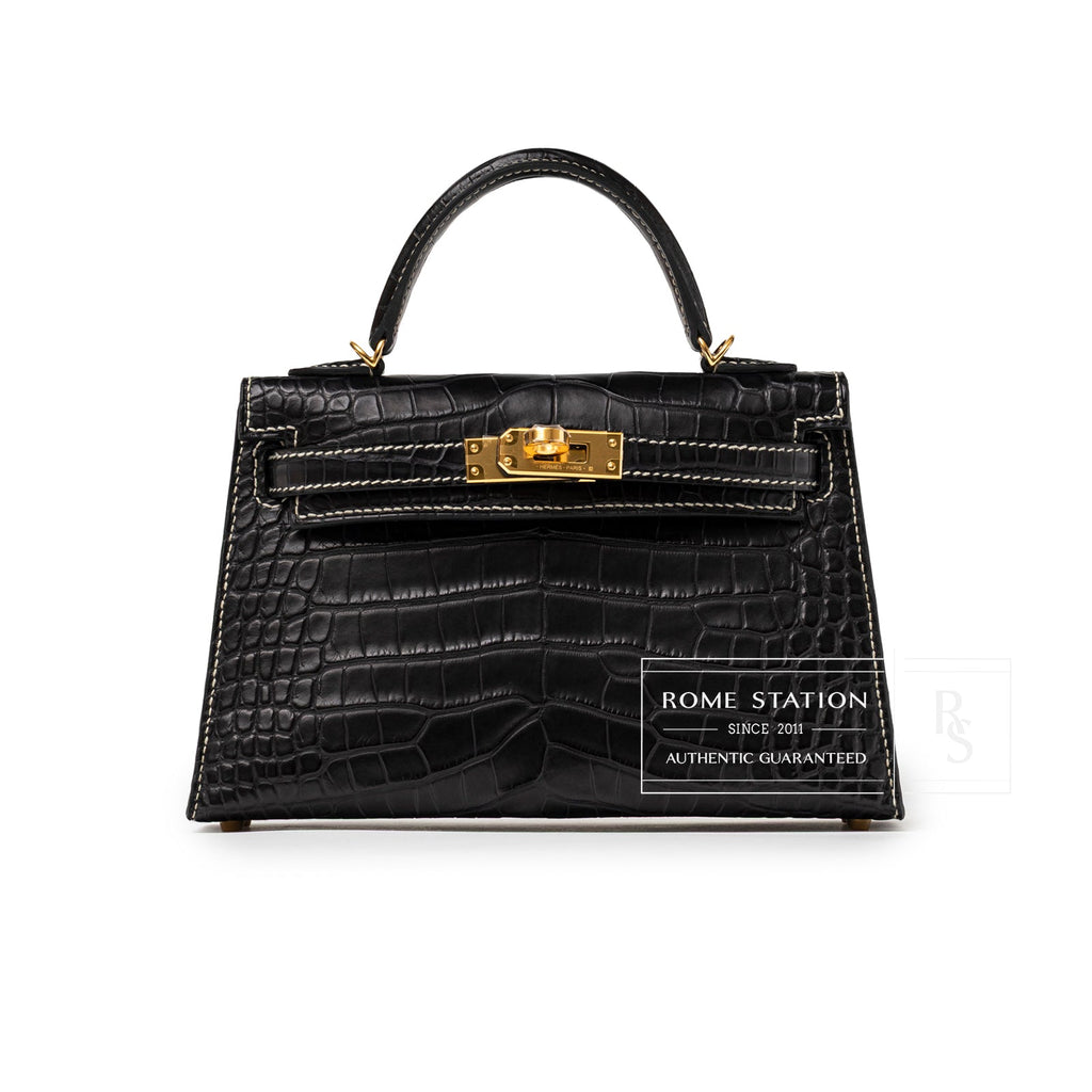Hermès Special Order HSS Horseshoe Mini Kelly II Black Gris Matte Alligator Gold Hardware