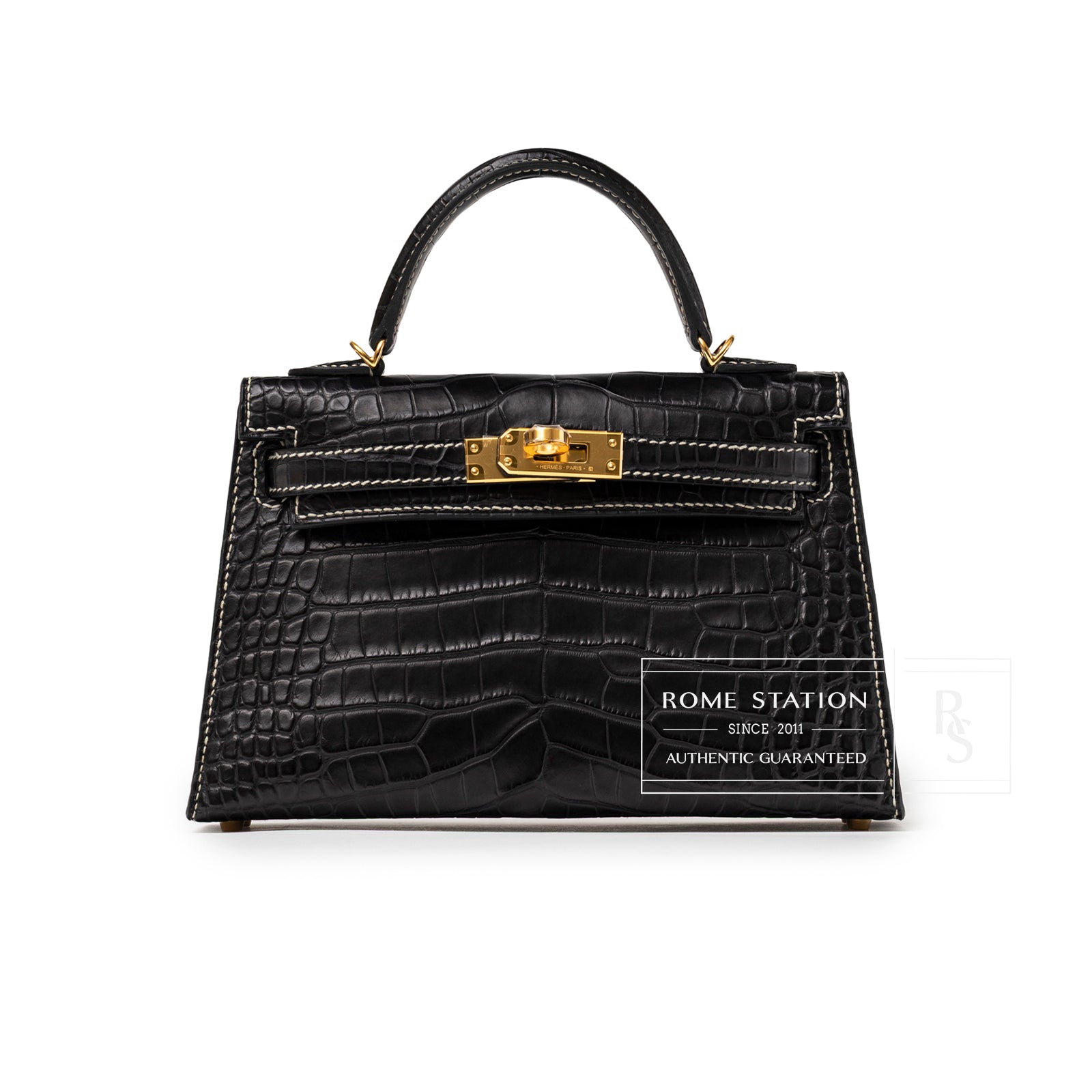 Hermès Special Order HSS Horseshoe Mini Kelly II Black Gris Matte Alligator Gold Hardware