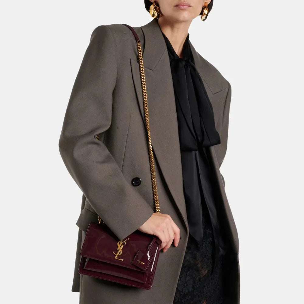 Saint Laurent Sunset Small Patent Leather Shoulder Bag (Red Wine)