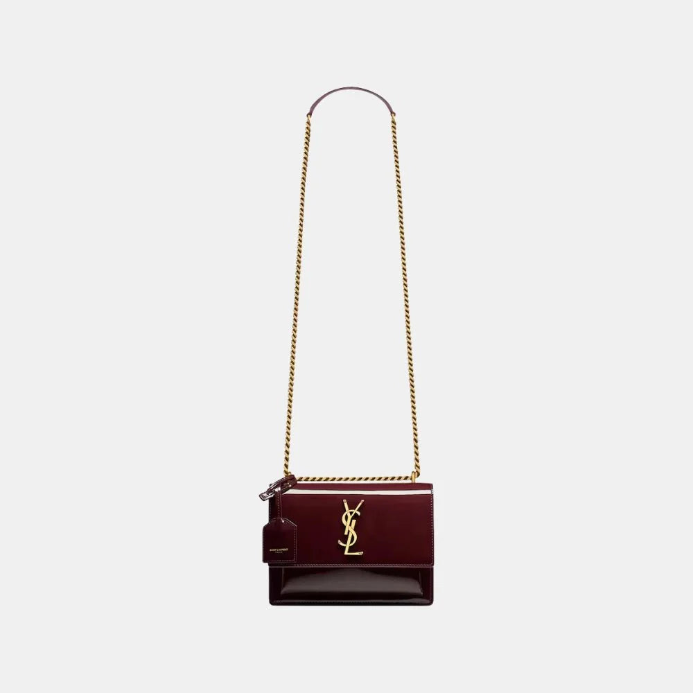 Saint Laurent Sunset Small Patent Leather Shoulder Bag (Red Wine)