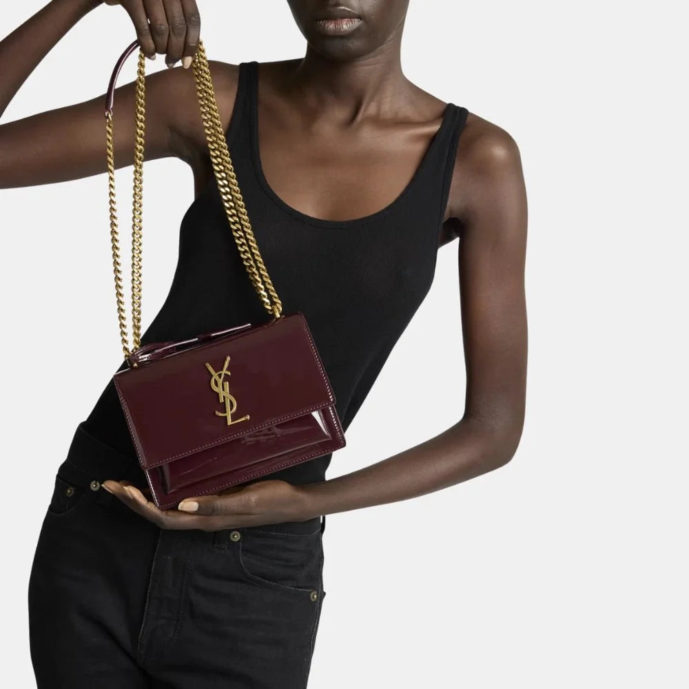Saint Laurent Sunset Small Patent Leather Shoulder Bag (Red Wine)