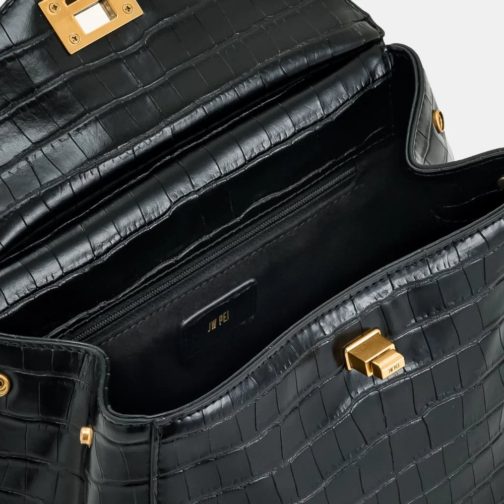 JW Pei Lucia Classic Top Handbag (Black Croc)