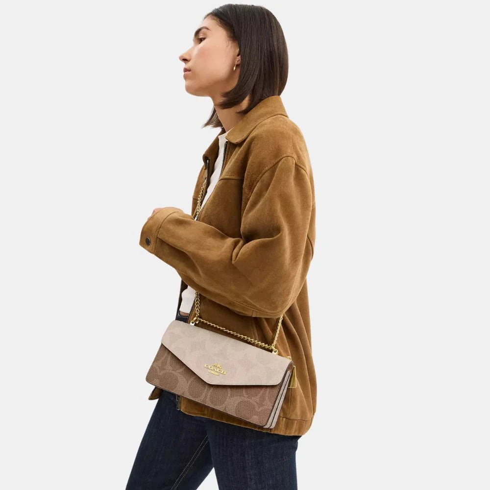 Coach Klare Envelope Crossbody Bag In Blocked Signature Canvas (Sand/Tan)