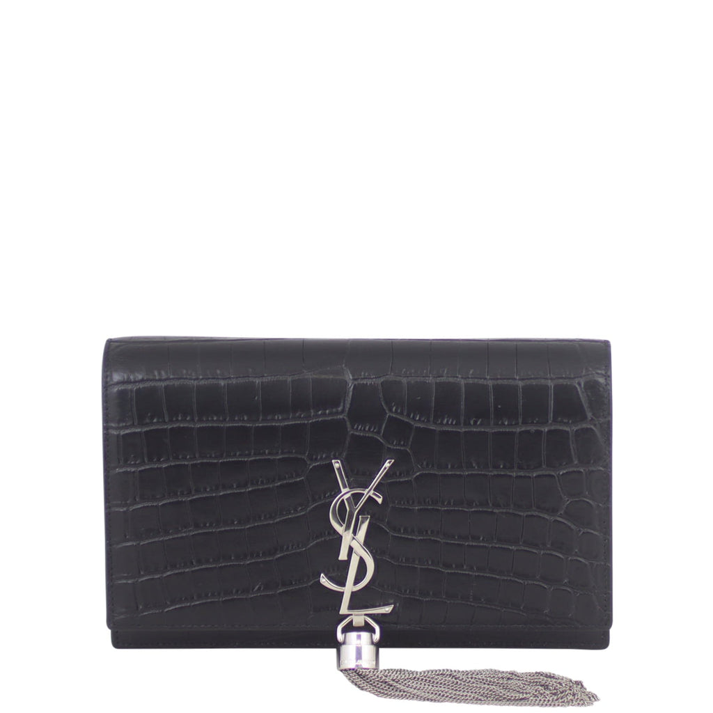 Saint Laurent Kate Tassel Croc Embossed Chain Wallet