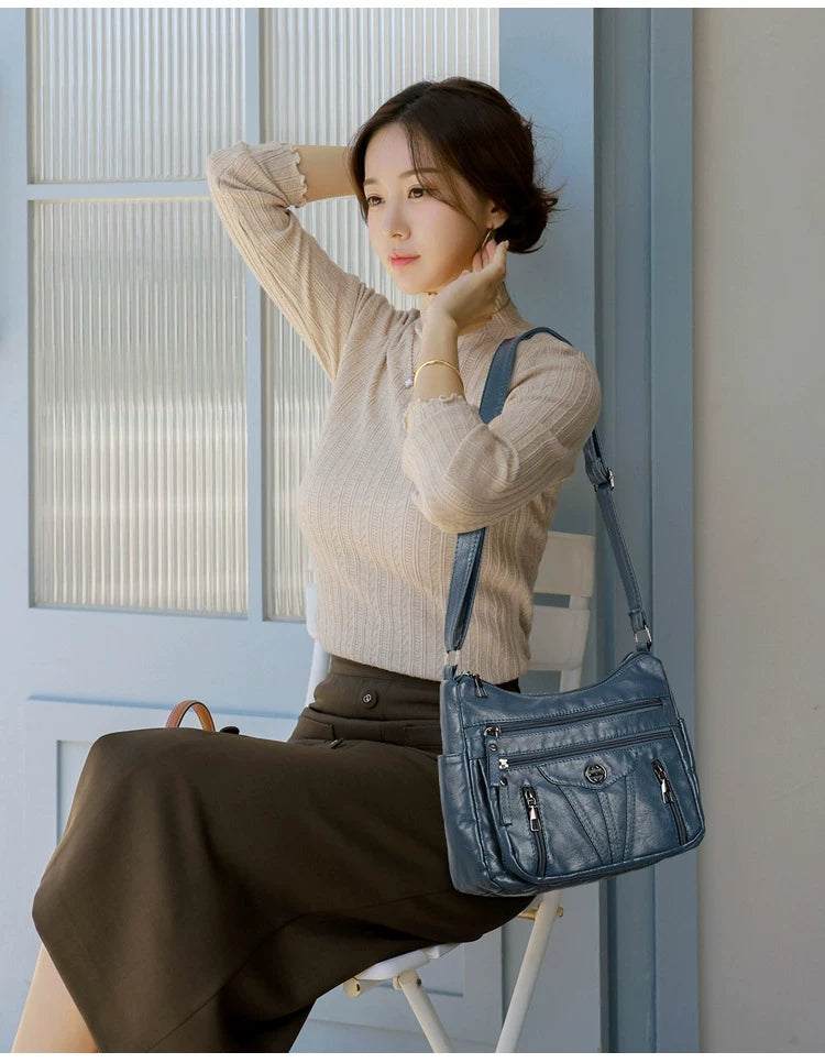 Women's soft leather backpack large capacity fashionable simple multi-layer shoulder crossbody bag 182-5