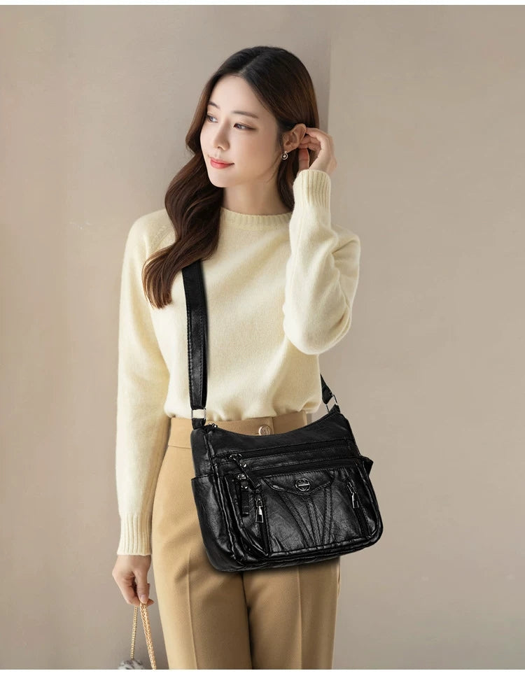 Women's soft leather backpack large capacity fashionable simple multi-layer shoulder crossbody bag 182-5