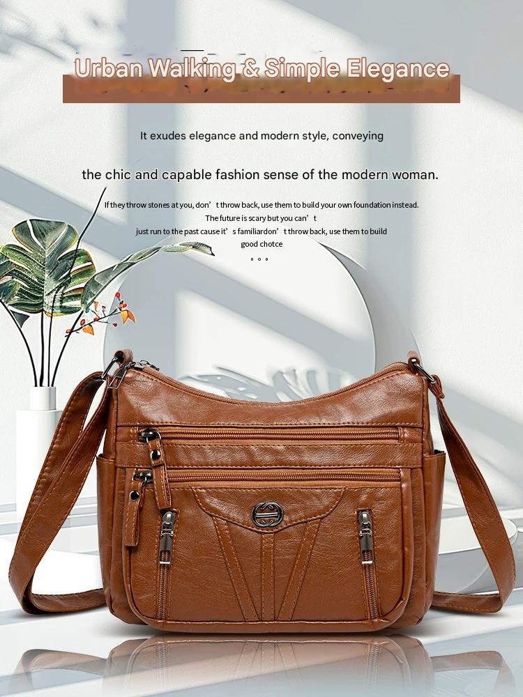 Women's soft leather backpack large capacity fashionable simple multi-layer shoulder crossbody bag 182-5